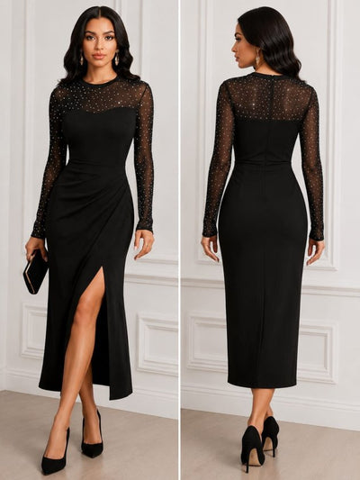 Rochie midi din stofă crepon mânecă lungă guler rotund cu pene și pene, 37339