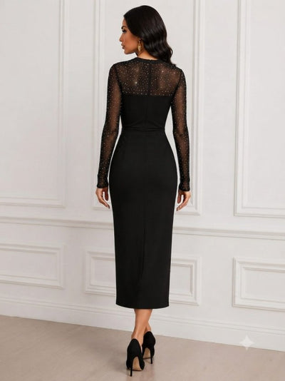 Rochie midi din stofă crepon mânecă lungă guler rotund cu pene și pene, 37339