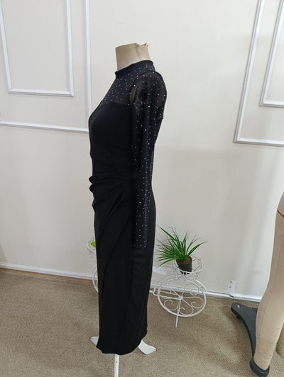 Rochie midi din stofă crepon mânecă lungă guler rotund cu pene și pene, 37339
