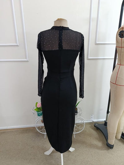 Rochie midi din stofă crepon mânecă lungă guler rotund cu pene și pene, 37339