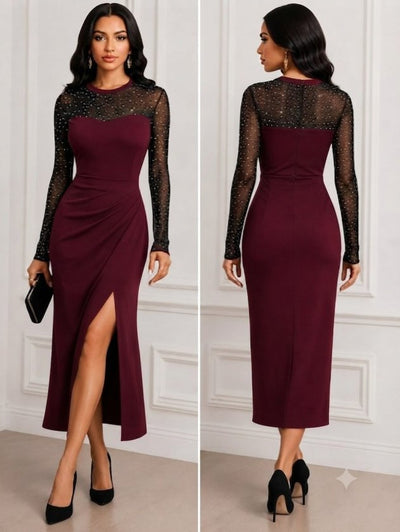 Rochie midi din stofă crepon mânecă lungă guler rotund cu pene și pene, 37340