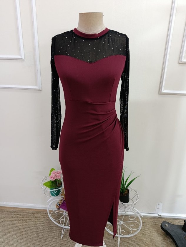 Rochie midi din stofă crepon mânecă lungă guler rotund cu pene și pene, 37340