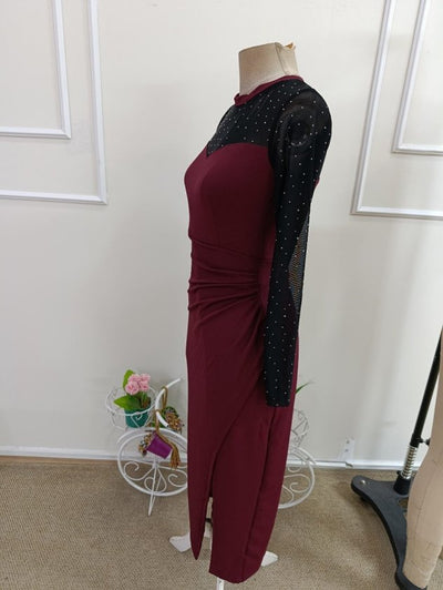Rochie midi din stofă crepon mânecă lungă guler rotund cu pene și pene, 37340