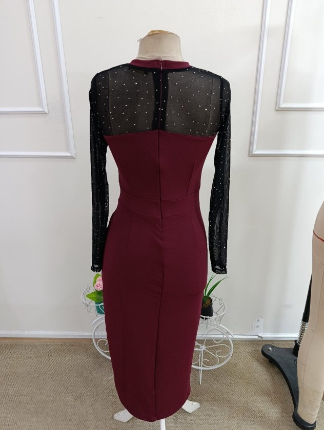 Rochie midi din stofă crepon mânecă lungă guler rotund cu pene și pene, 37340