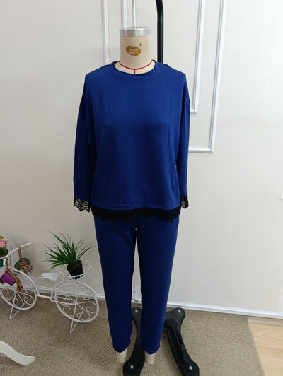 Costum două piese bluză vâsc mânecă lungă guler rotund dantelat și pantaloni, 37341