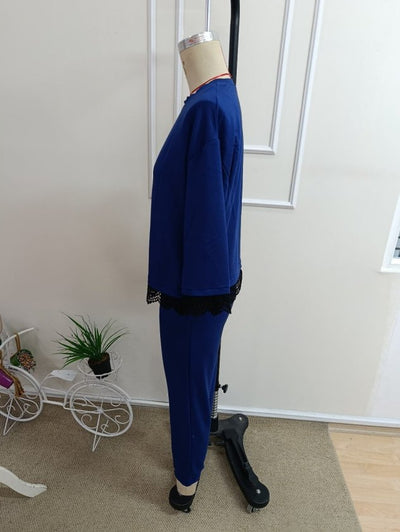 Costum două piese bluză vâsc mânecă lungă guler rotund dantelat și pantaloni, 37341