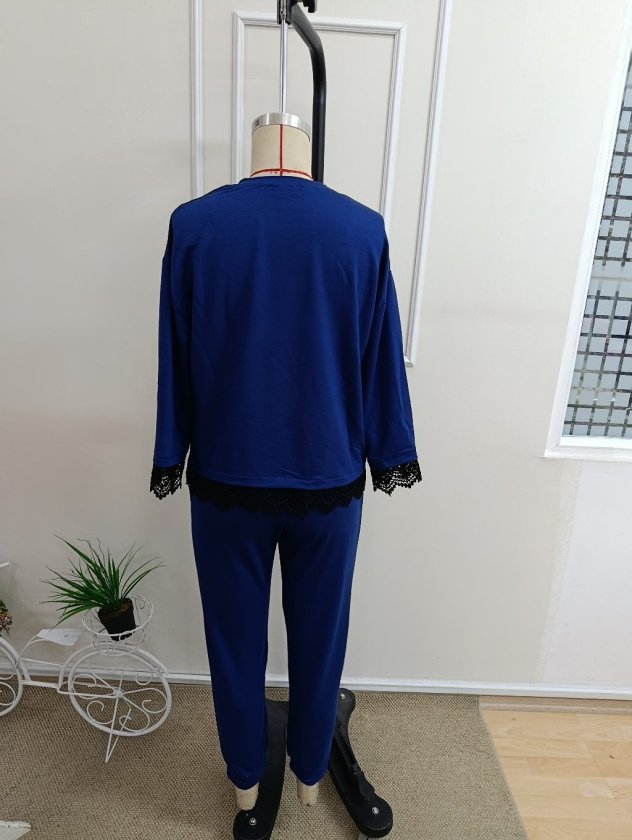 Costum două piese bluză vâsc mânecă lungă guler rotund dantelat și pantaloni, 37341