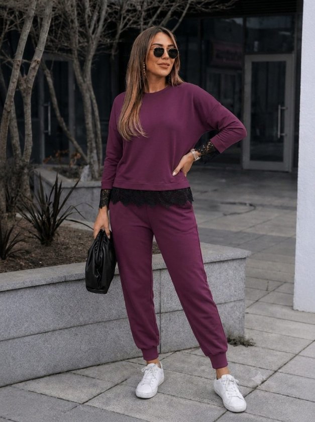 Costum două piese bluză vâsc mânecă lungă guler rotund dantelat și pantaloni, 37342