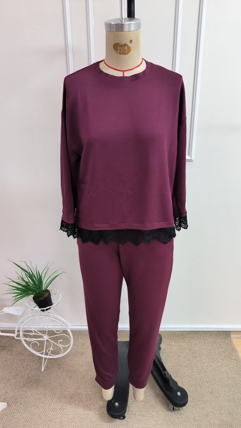 Costum două piese bluză vâsc mânecă lungă guler rotund dantelat și pantaloni, 37342
