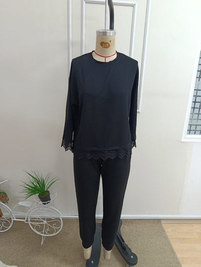 Costum două piese bluză vâsc mânecă lungă guler rotund dantelat și pantaloni, 37343