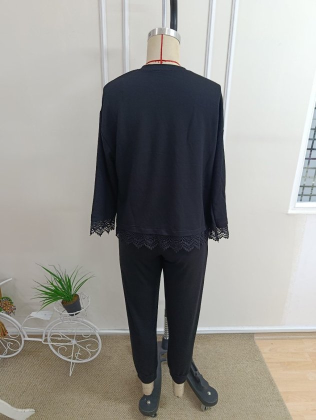 Costum două piese bluză vâsc mânecă lungă guler rotund dantelat și pantaloni, 37343