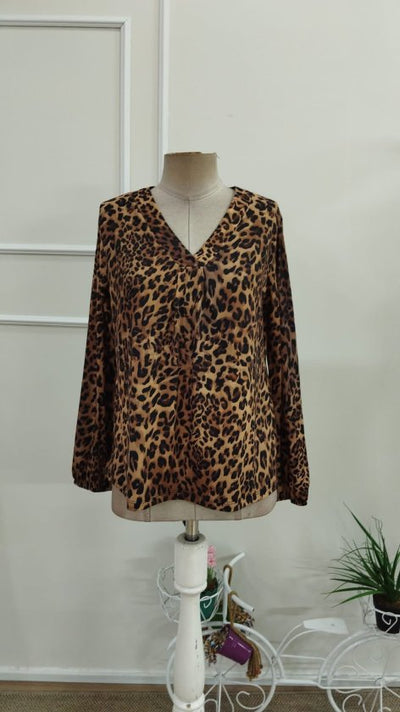 Bluză suprem mânecă lungă guler V cu model leopard plisuri în față, 37346