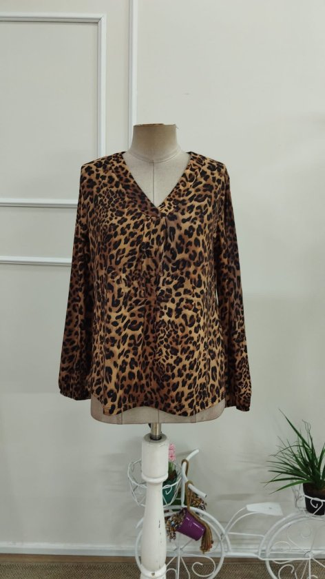 Bluză suprem mânecă lungă guler V cu model leopard plisuri în față, 37346