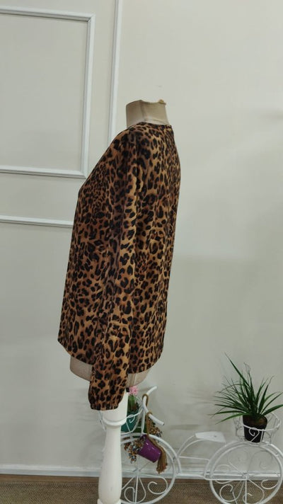Bluză suprem mânecă lungă guler V cu model leopard plisuri în față, 37346