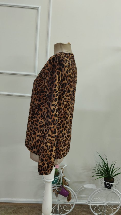 Bluză suprem mânecă lungă guler V cu model leopard plisuri în față, 37346