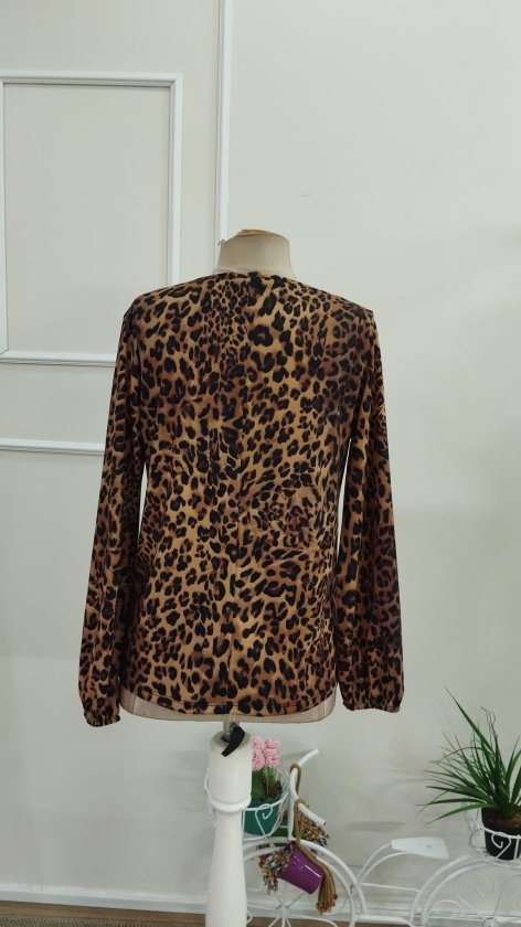 Bluză suprem mânecă lungă guler V cu model leopard plisuri în față, 37346