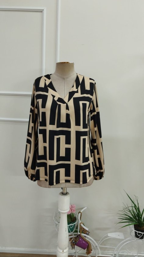 Bluză suprem mânecă lungă guler V cu model leopard plisuri în față, 37347