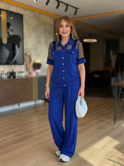 Ansamblu Dual Jachetă și Pantaloni Modal pentru Femei cu Mâneci Scurte, Guler și Nasturi Frontali cu Detalii File, 37678