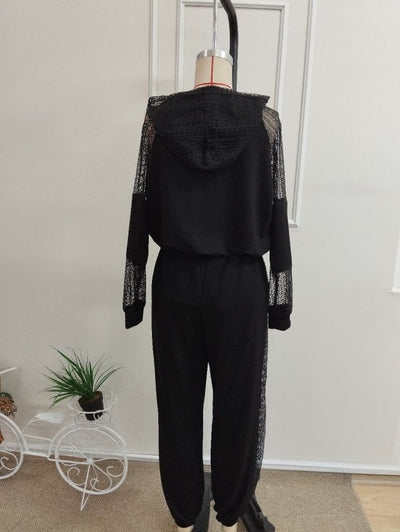 Kadın Uzun Kollu Kapüşonlu Dantel Detaylı Viskon Iki İplik Bluz Ve Pantolon Ikili Takım