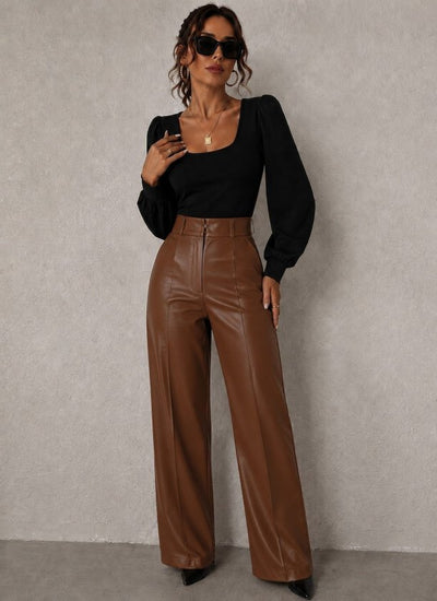 Pantalon din piele talie înaltă buzunare conic ușor evazat spre jos, 37372