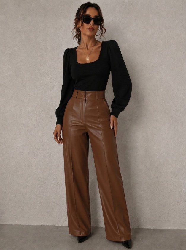 Pantalon din piele talie înaltă buzunare conic ușor evazat spre jos, 37372