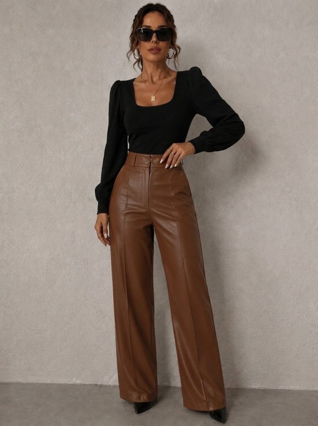 Pantalon din piele talie înaltă buzunare conic ușor evazat spre jos, 37372