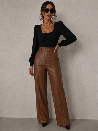 Pantalon din piele talie înaltă buzunare conic ușor evazat spre jos, 37372