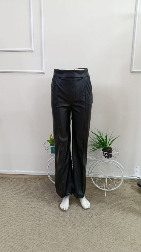 Pantalon din piele talie înaltă buzunare conic ușor evazat spre jos, 37373