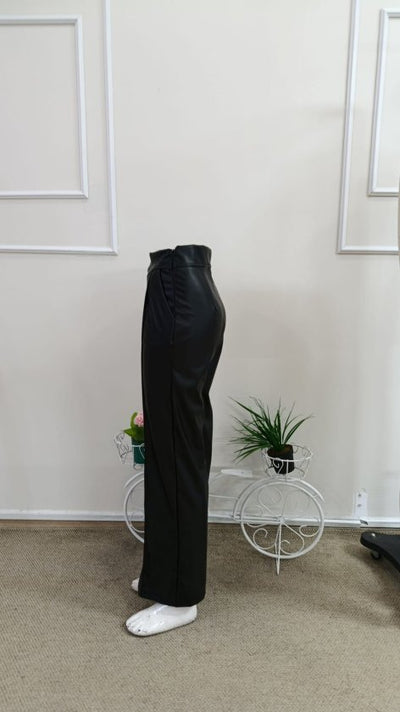 Pantalon din piele talie înaltă buzunare conic ușor evazat spre jos, 37373