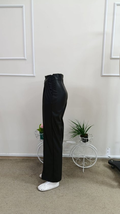 Pantalon din piele talie înaltă buzunare conic ușor evazat spre jos, 37373