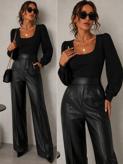 Pantalon din piele talie înaltă buzunare conic ușor evazat spre jos, 37373