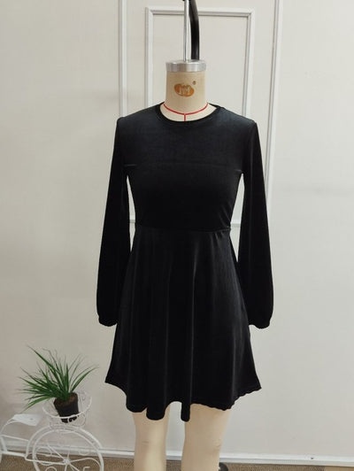 Rochie mini din catifea guler rotund mânecă lungă, 37377