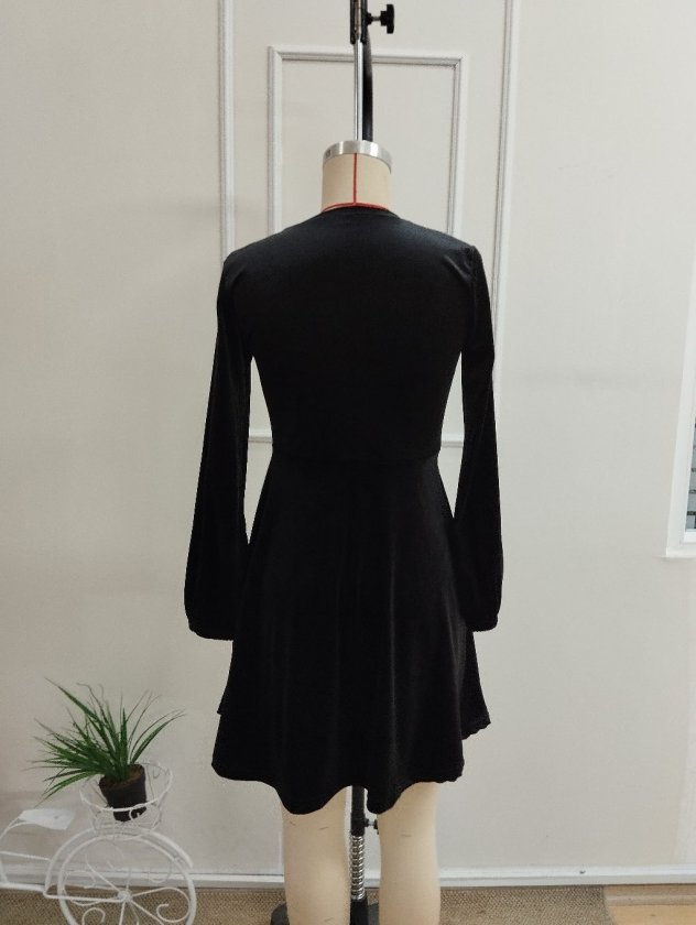 Rochie mini din catifea guler rotund mânecă lungă, 37377