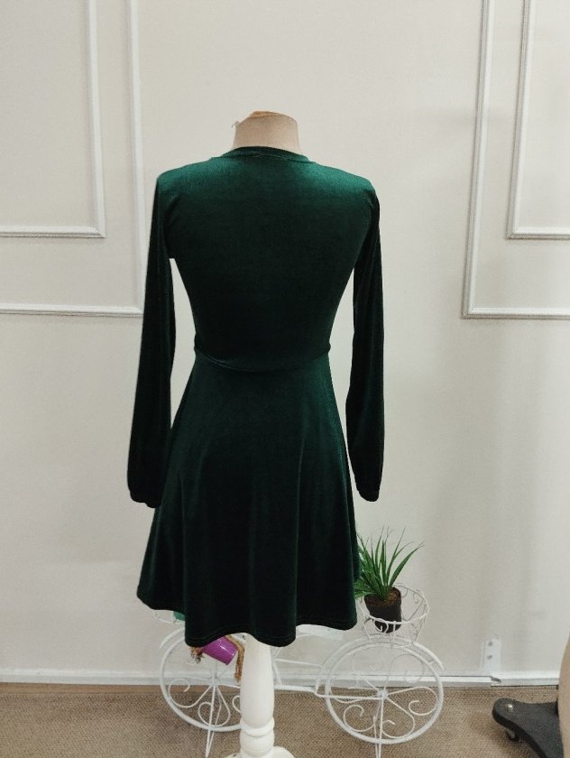 Kadın Uzun Kollu Bisiklet Yakalı Mini Kadife Elbise , 37378