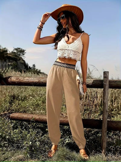 Pantalon din piele talie înaltă elastic la talie plisuri și bandă în talie, 37381