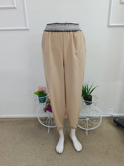 Pantalon din piele talie înaltă elastic la talie plisuri și bandă în talie, 37381
