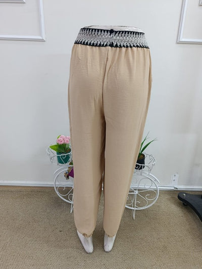 Pantalon din piele talie înaltă elastic la talie plisuri și bandă în talie, 37381