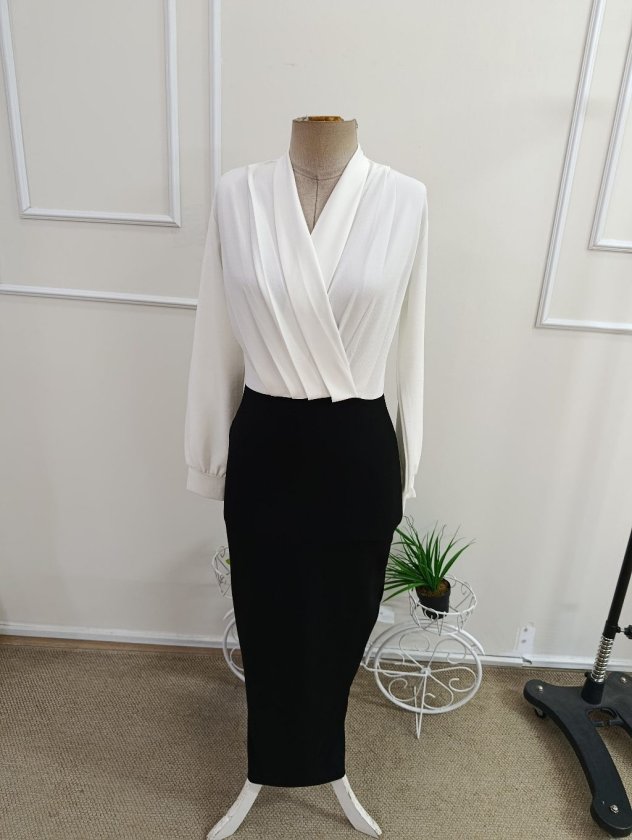 Rochie lungă din stofă crepon guler cruce fără cingătură, 37383