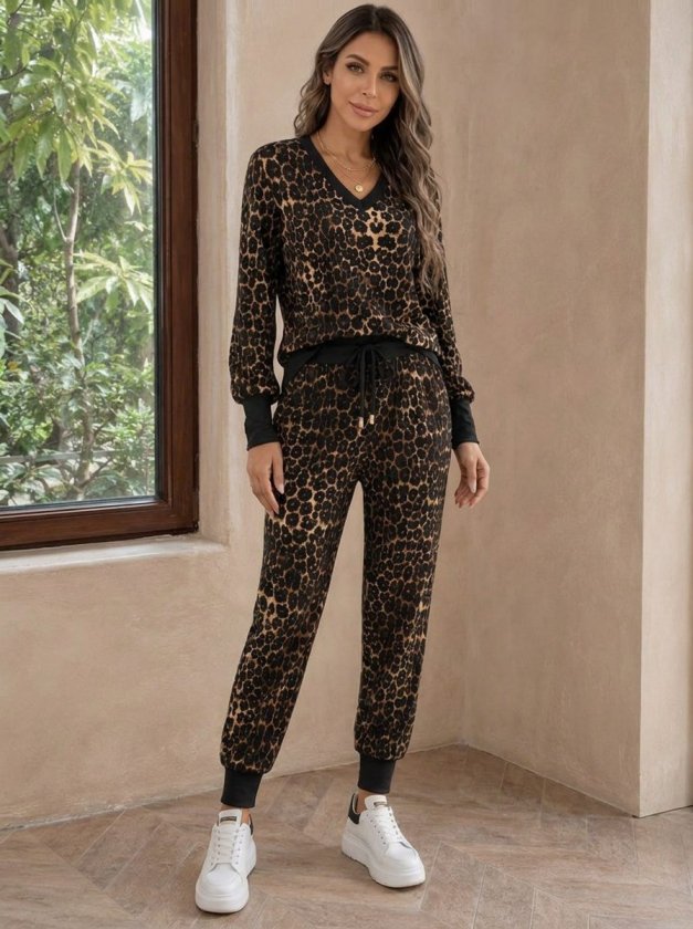 Costum două piese bluză guler V cu model și pantaloni cu cordon, 37396