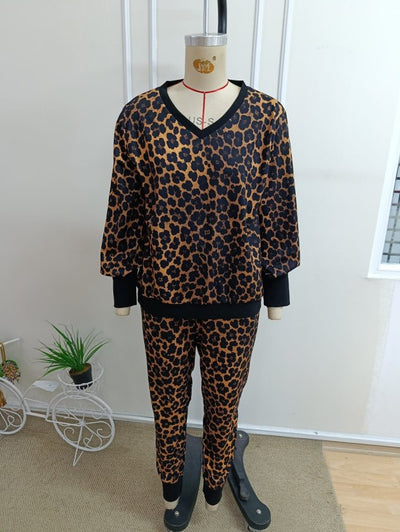 Costum două piese bluză guler V cu model și pantaloni cu cordon, 37396