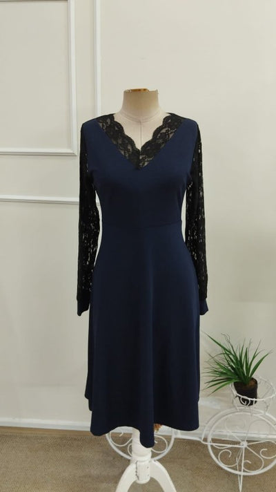 Rochie scurtă din stofă crepon guler V cu dantelă, 37399