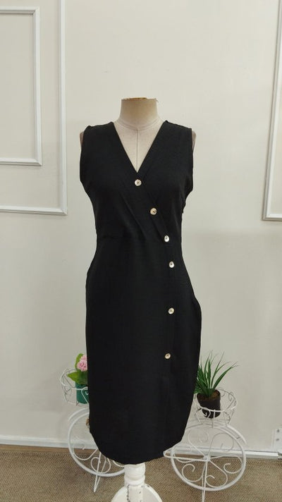 Rochie midi din in fără mâneci, guler wrap, cu nasturi, 37419