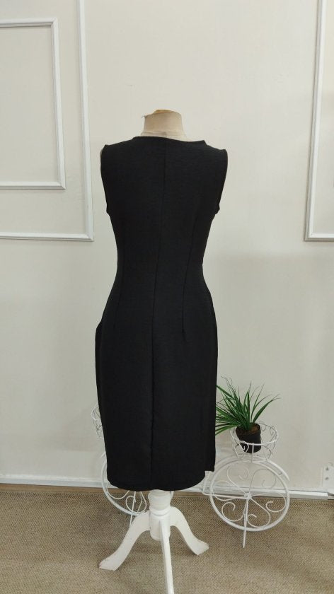 Rochie midi din in fără mâneci, guler wrap, cu nasturi, 37419