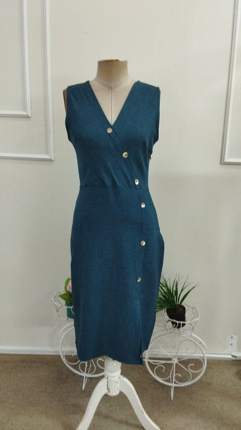 Rochie midi din in fără mâneci, guler wrap, cu nasturi, 37420