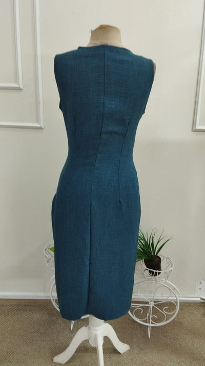 Rochie midi din in fără mâneci, guler wrap, cu nasturi, 37420
