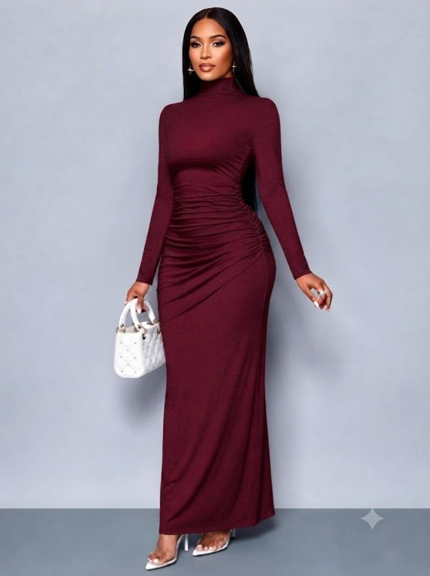Rochie lungă din material ușor cu mâneci lungi, guler barcă, 37442