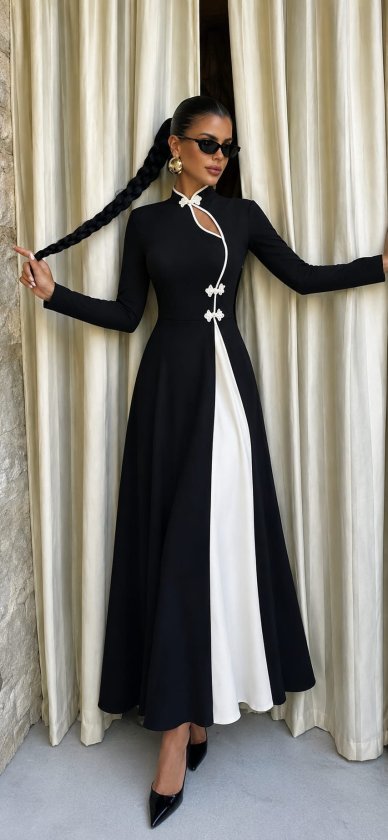 Rochie lungă crepon cu mâneci lungi, guler asimetric cu detaliu picătură, bicolor, 37443