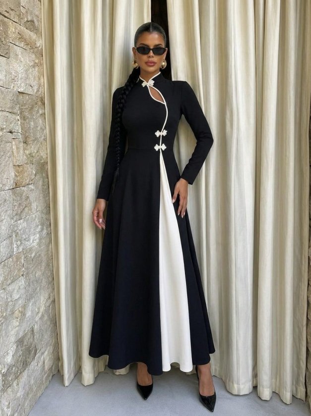 Rochie lungă crepon cu mâneci lungi, guler asimetric cu detaliu picătură, bicolor, 37443