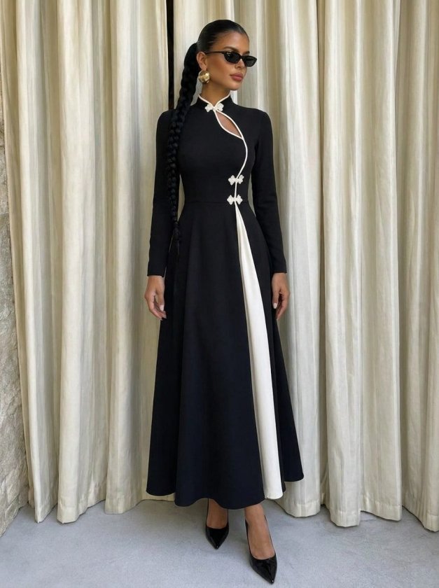 Rochie lungă crepon cu mâneci lungi, guler asimetric cu detaliu picătură, bicolor, 37443