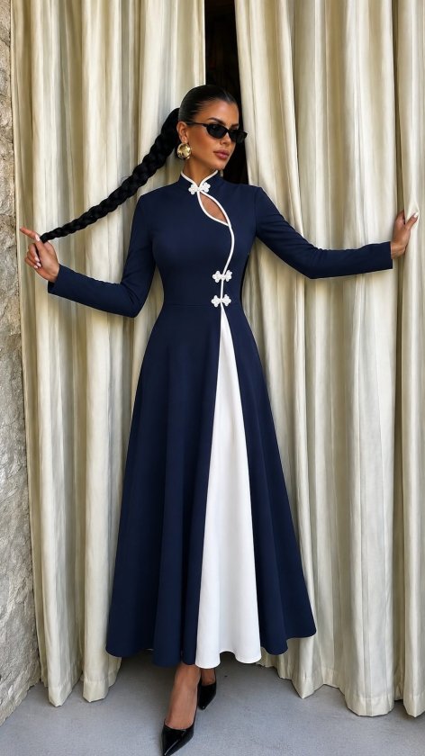 Rochie lungă crepon cu mâneci lungi, guler asimetric cu detaliu picătură, bicolor, 37444